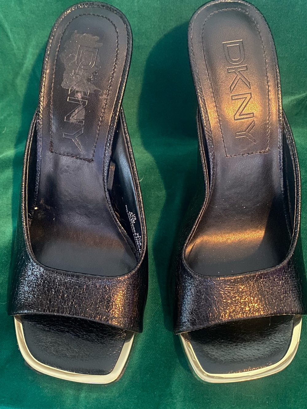 DKNY Black Leather Slide Mules with Gold Accent Trim